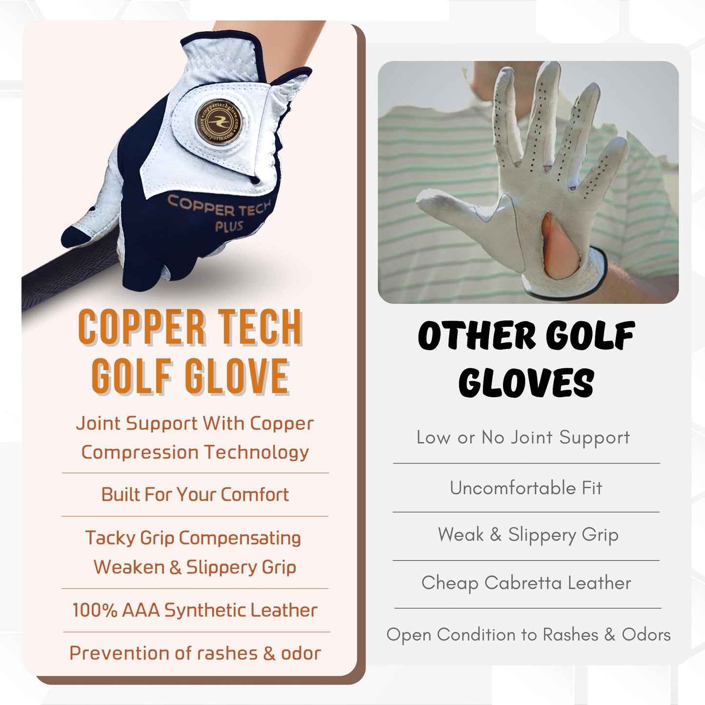 Arthritis-supportive copper golf glove with compression fit for women, offering comfort and sizing options from Small, medium, large to XXL for both hands.