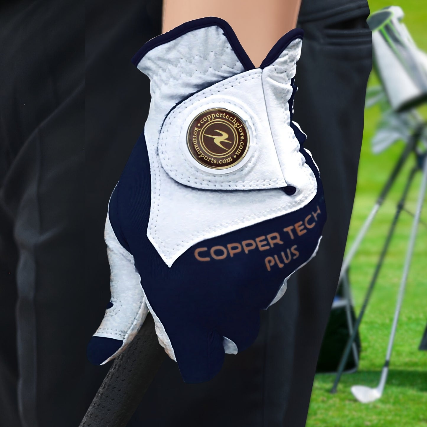 Female's golf glove by Copper Tech Plus model, featuring copper compression to ease joint pain;