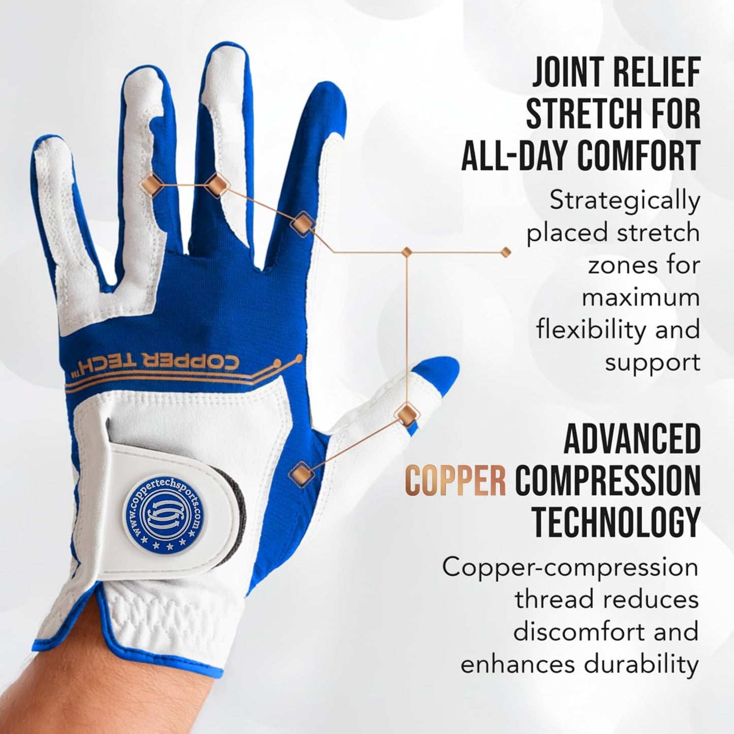 Copper Tech Men's Golf Gloves 2-Pack (White/Black, White/Royal Blue. Charcoal/Gray)