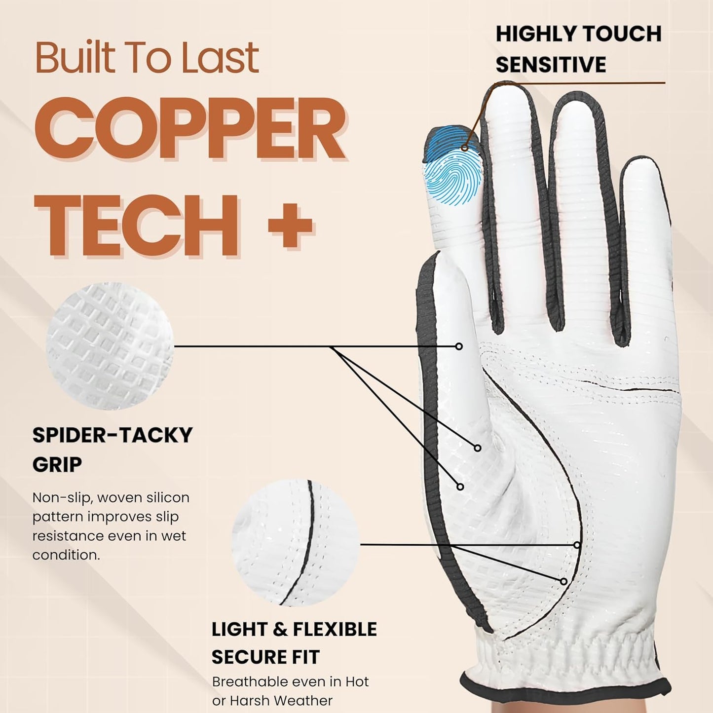 Copper Tech Plus Men's Golf Gloves Worn on Right Hand For Left Handed Golfer