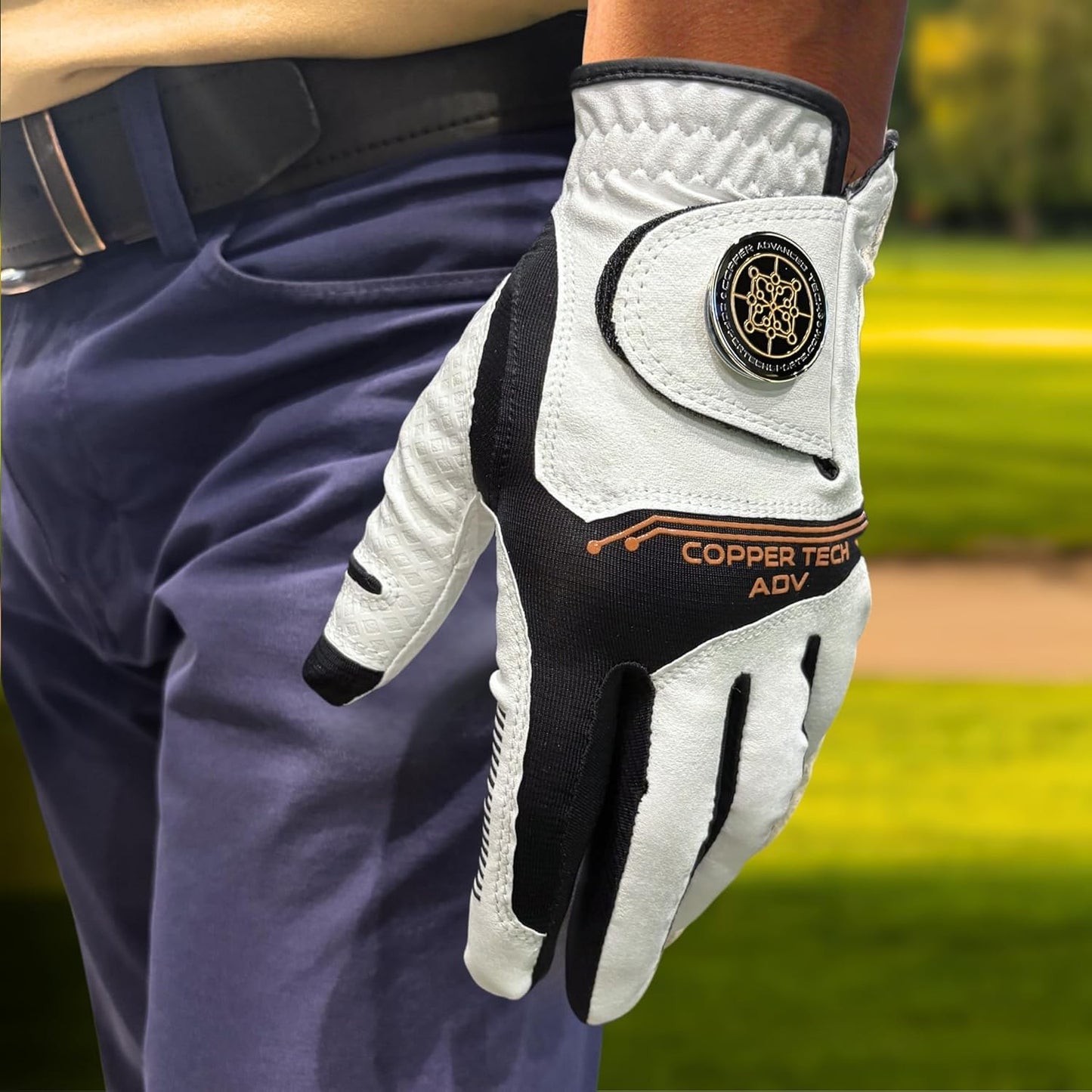 Copper Advanced Tech 2.0 Men's Golf Gloves Worn on Right Hand For Left Handed Golfer