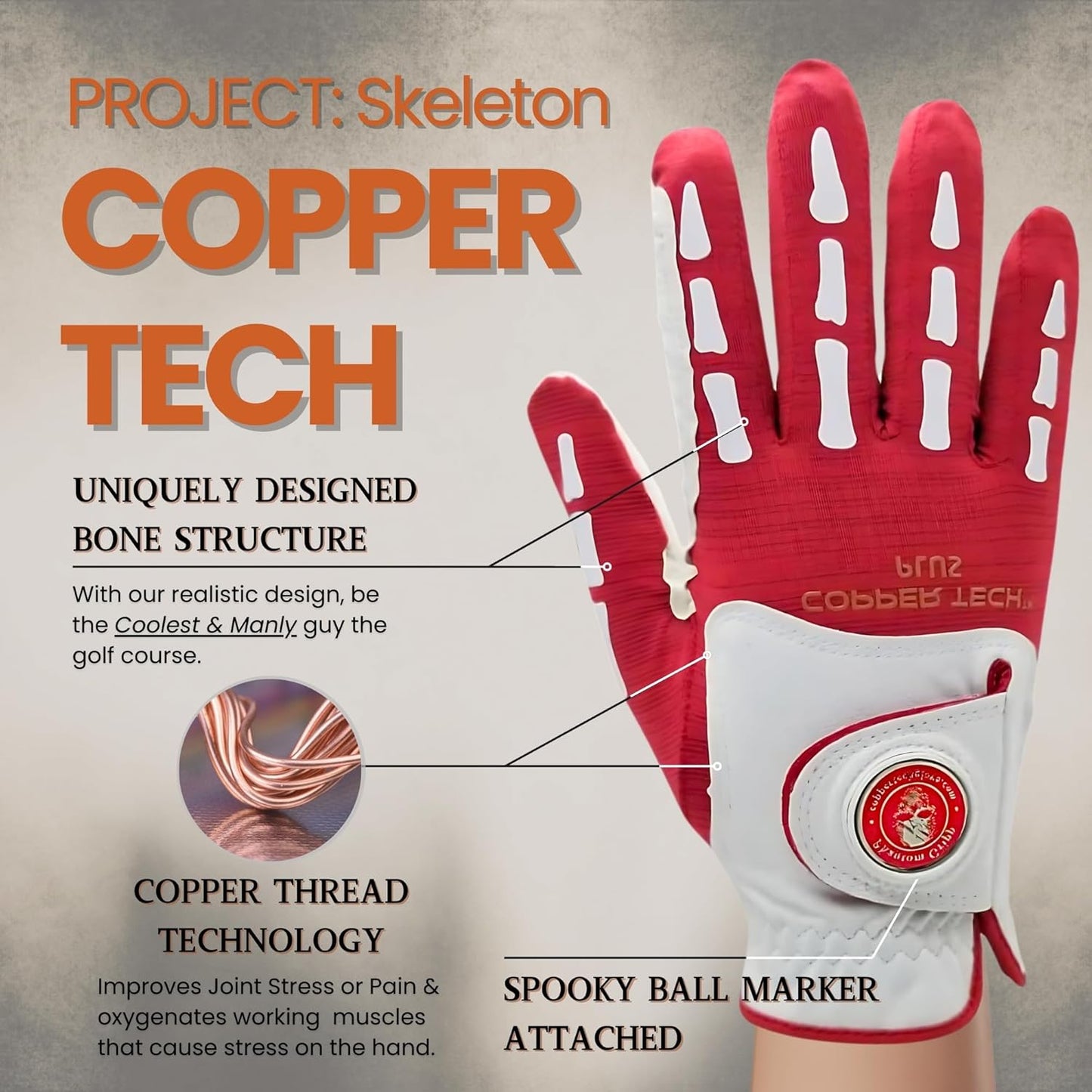 Copper Tech Plus Men's Golf Glove (Phantom Edition) Worn on Left or Right