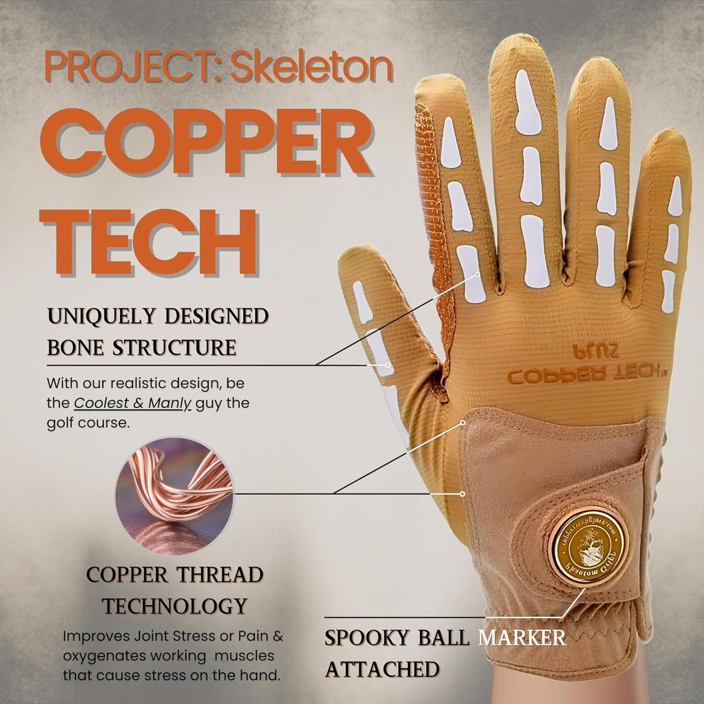 Copper Tech Plus Men's Golf Glove (Phantom Edition) Worn on Left or Right