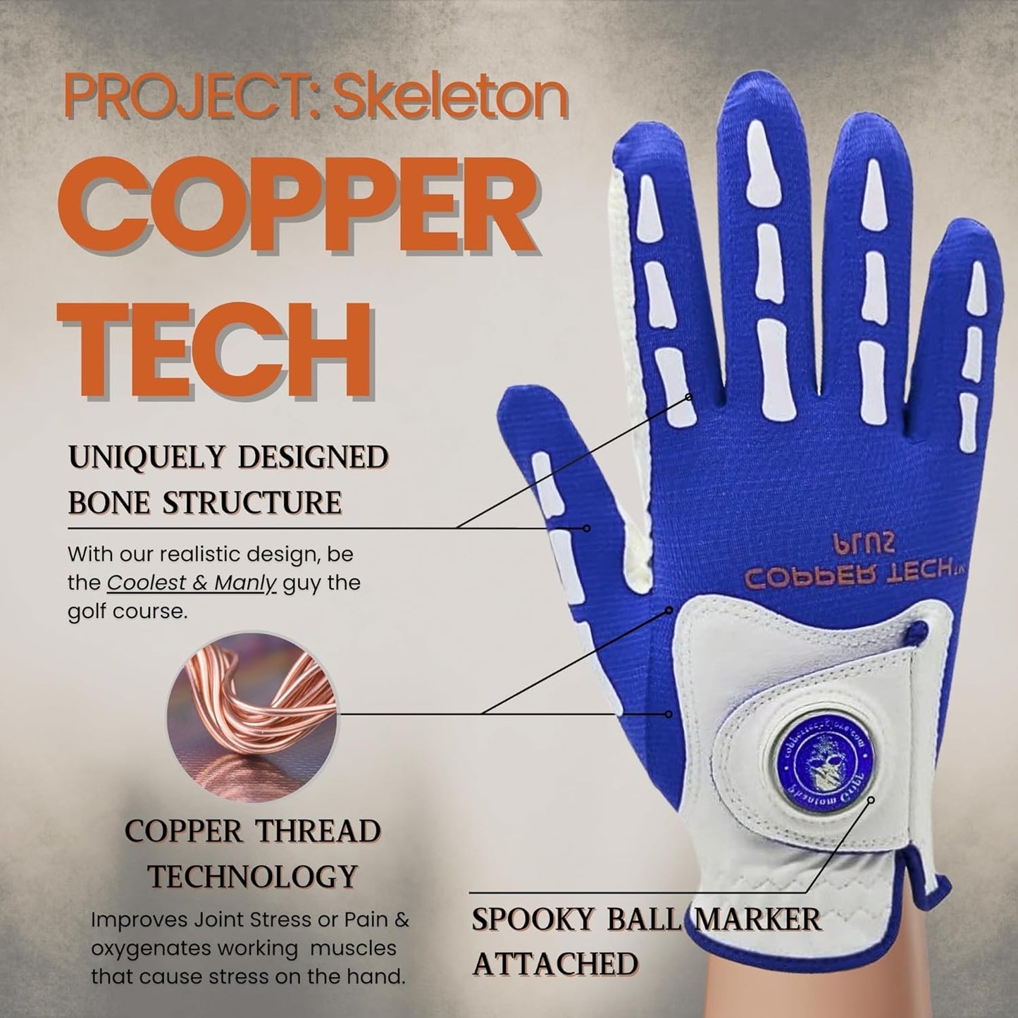 Copper Tech Plus Men's Golf Glove (Phantom Edition) Worn on Left or Right