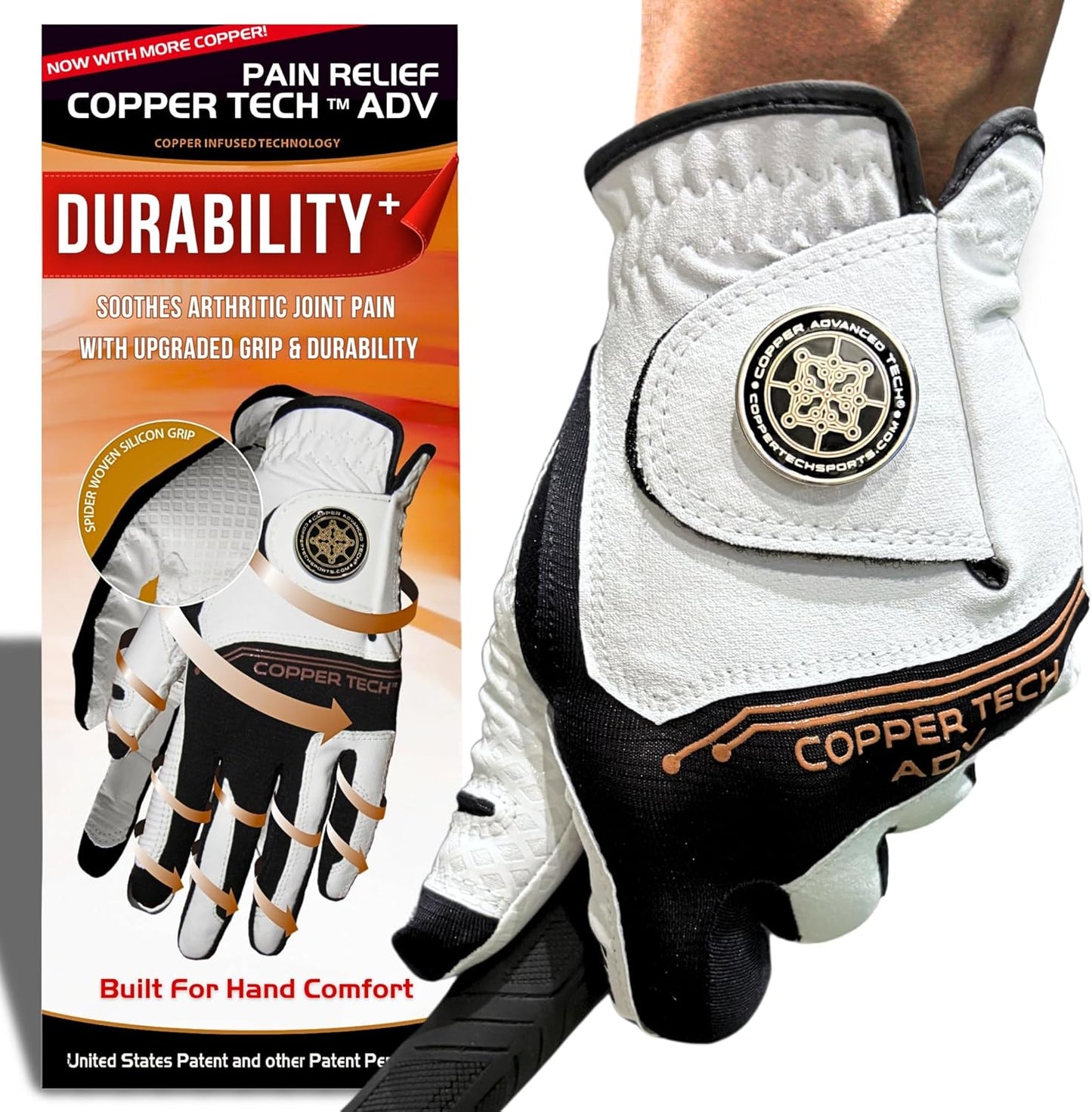 Copper Advanced Tech 2.0 Men's Golf Gloves Worn on Right Hand For Left Handed Golfer