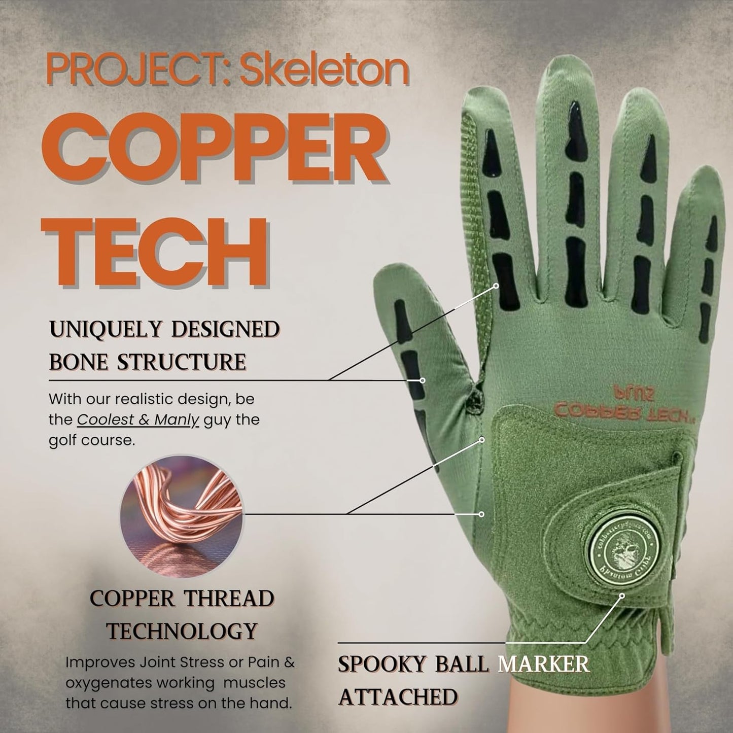 Copper Tech Plus Men's Golf Glove (Phantom Edition) Worn on Left or Right