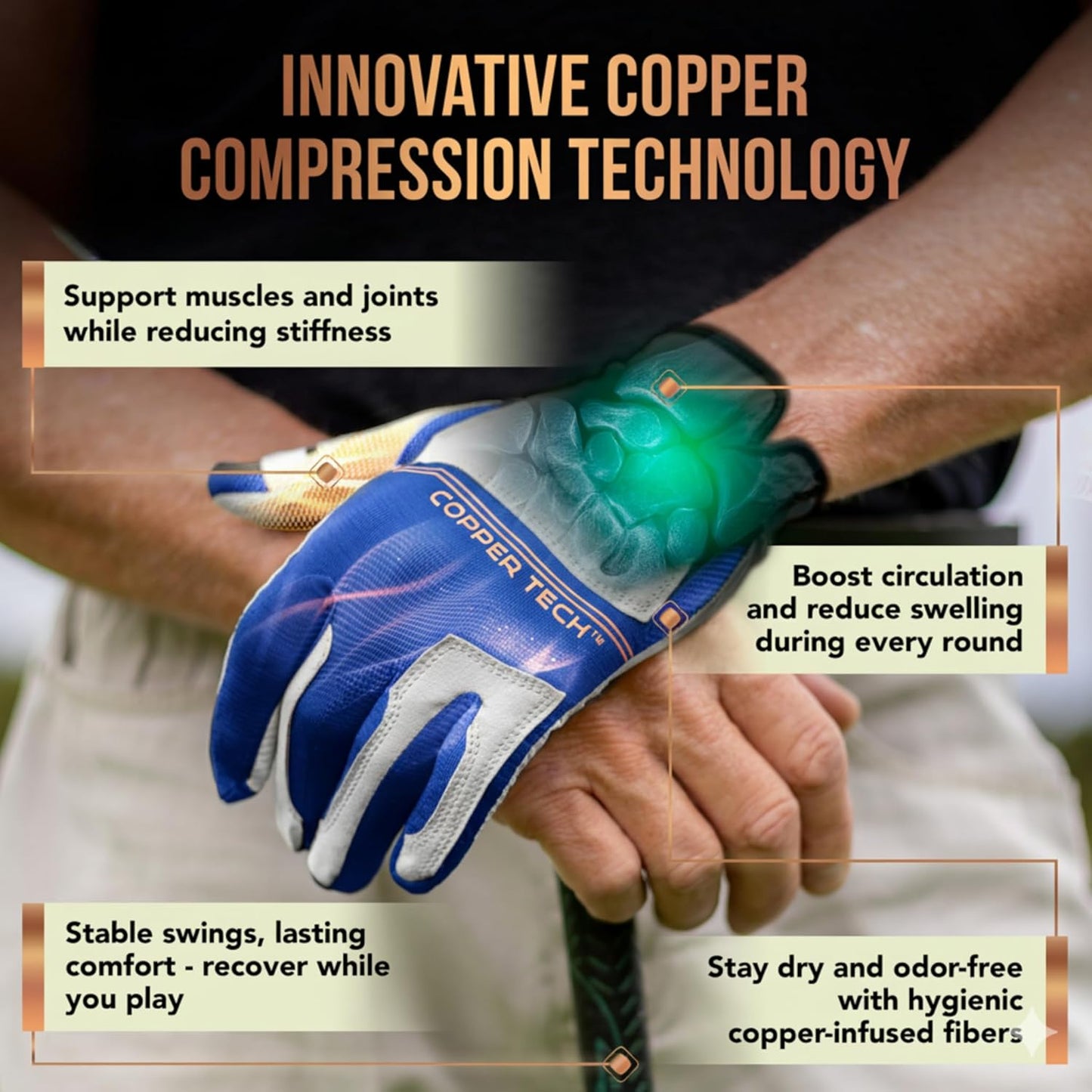 Copper Tech Men's Golf Gloves 2-Pack (White/Black, White/Royal Blue. Charcoal/Gray)