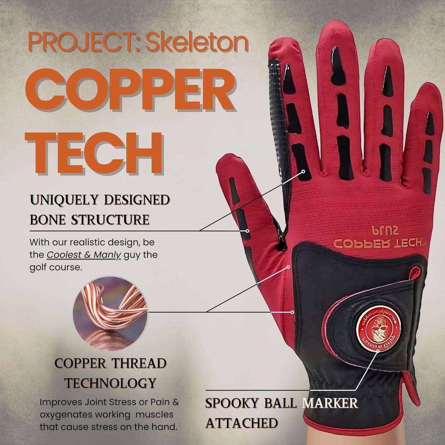 Copper Tech Plus Men's Golf Glove (Phantom Edition) Worn on Left or Right