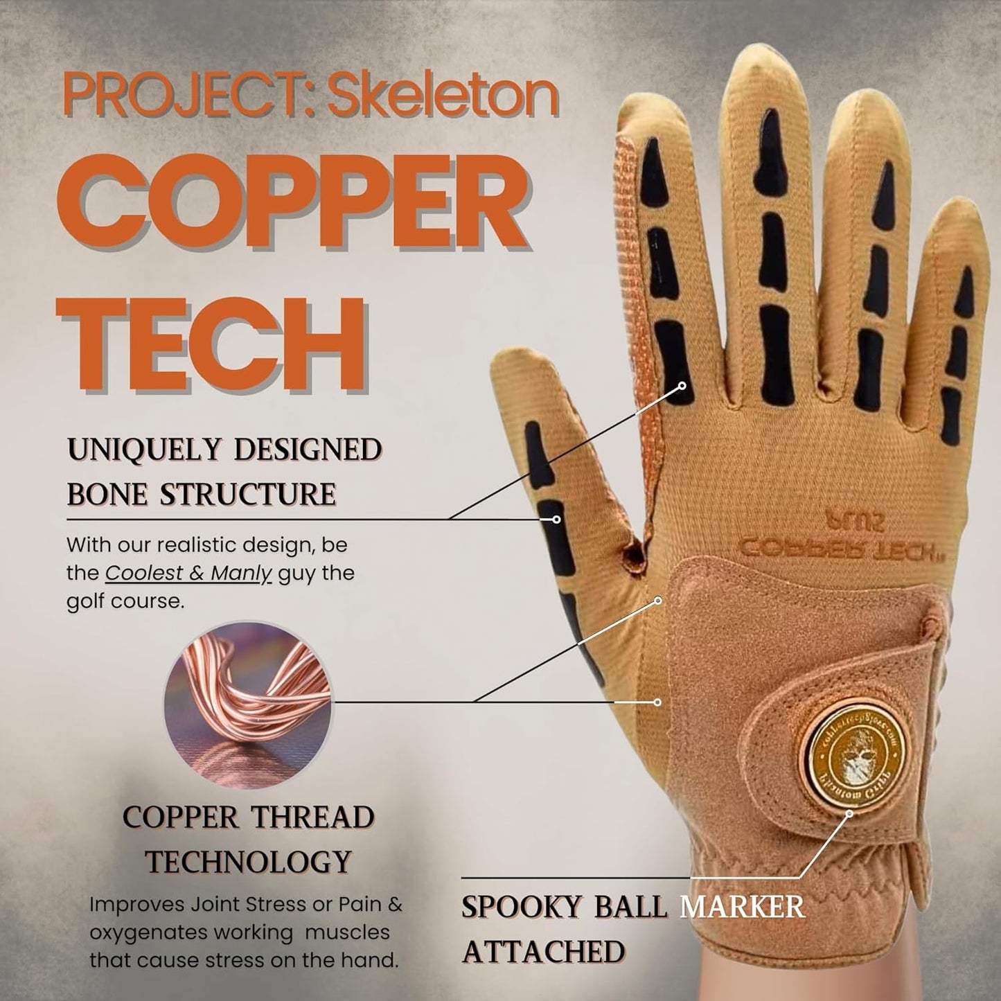 Copper Tech Plus Men's Golf Glove (Phantom Edition) Worn on Left or Right