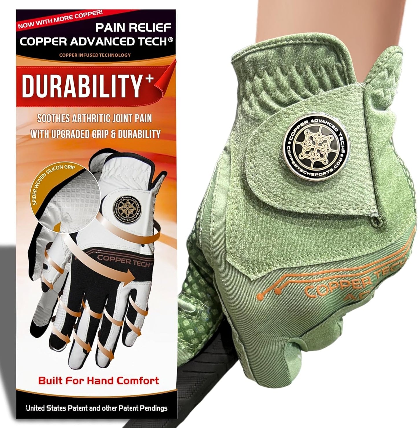 Copper Advanced Tech 2.0 Men's Golf Gloves Worn on Right Hand For Left Handed Golfer