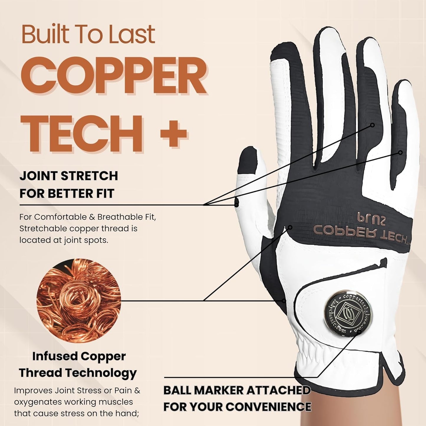 Copper Tech Plus Men's Golf Gloves Worn on Right Hand For Left Handed Golfer