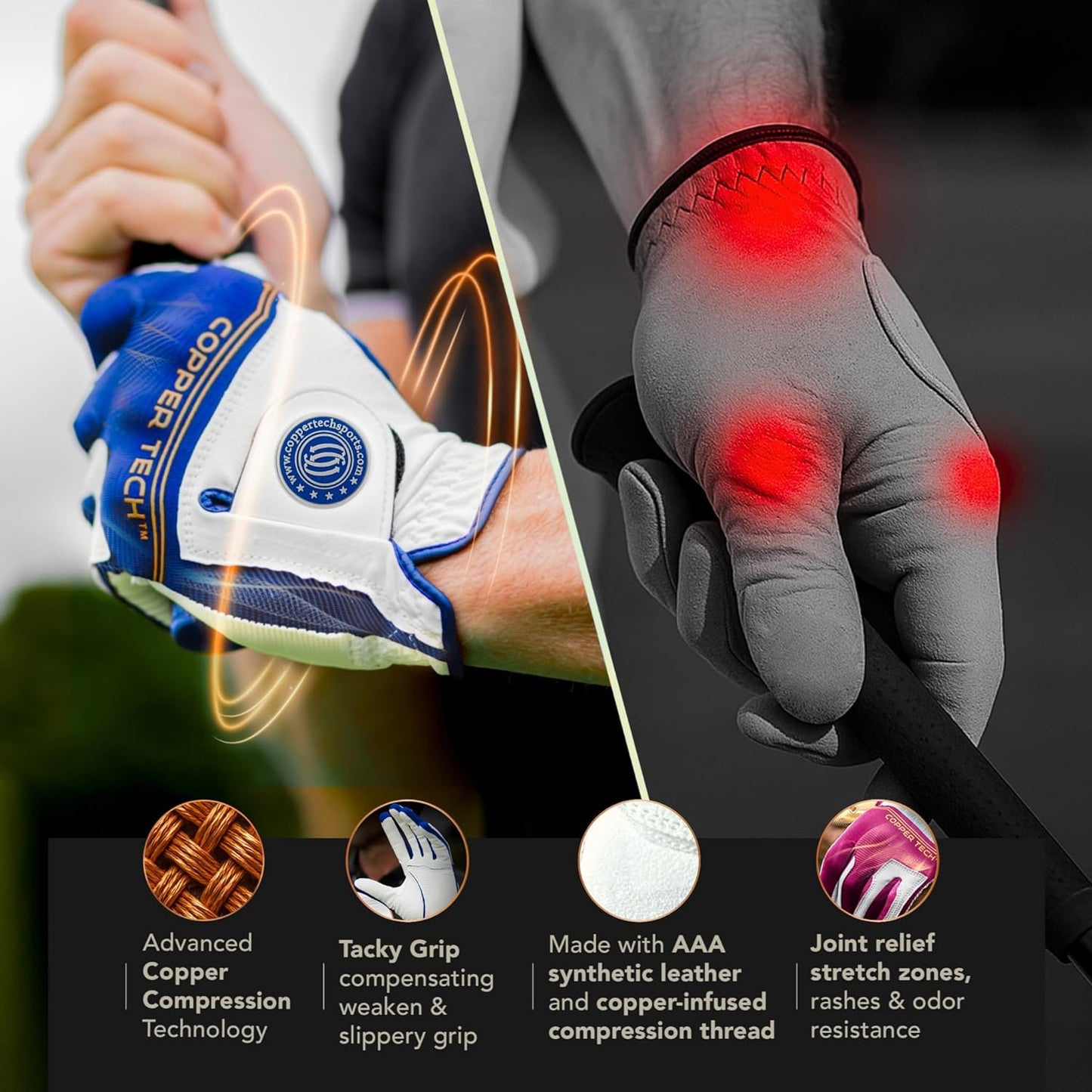 Copper Tech Men's Golf Gloves 2-Pack (White/Black, White/Royal Blue. Charcoal/Gray)