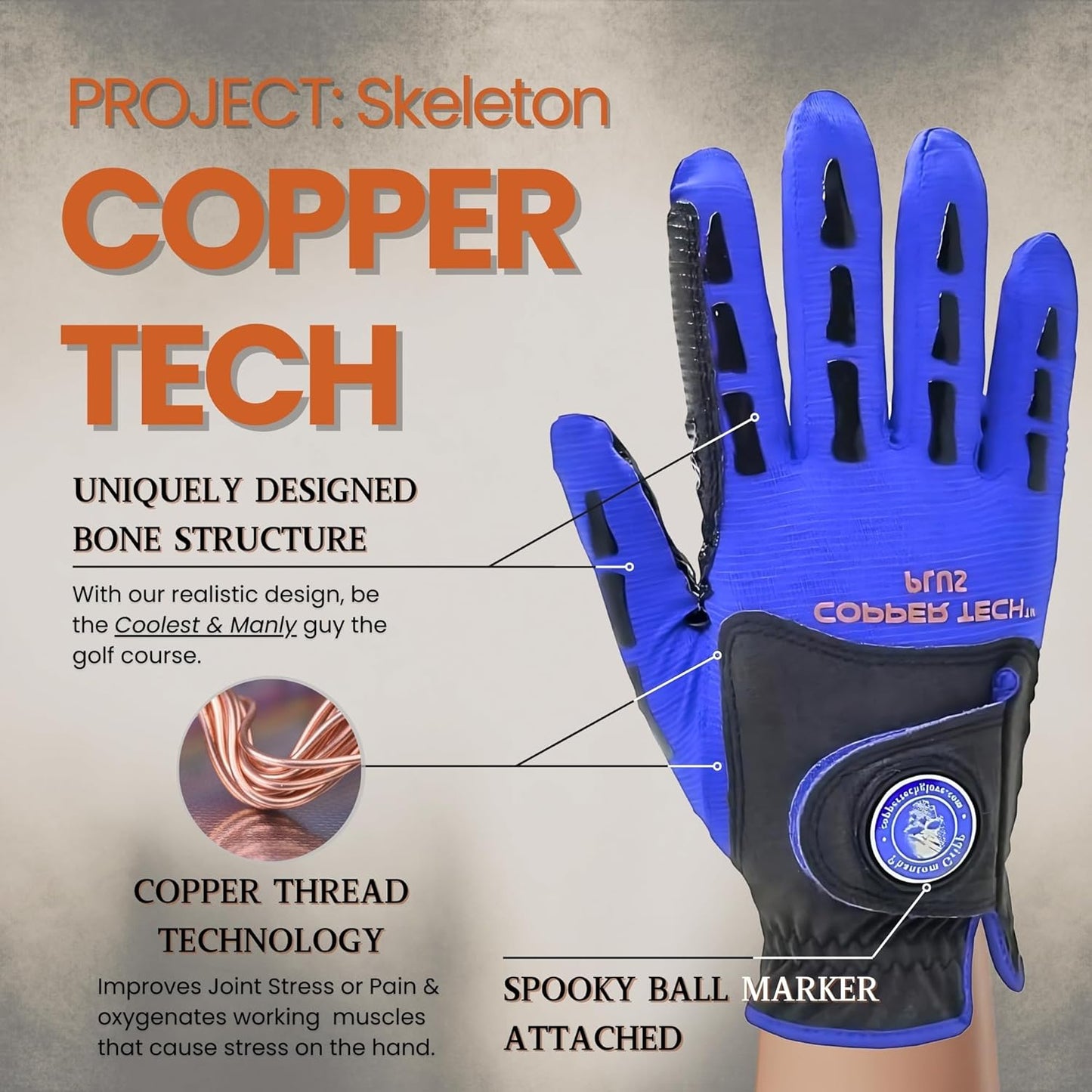 Copper Tech Plus Men's Golf Glove (Phantom Edition) Worn on Left or Right
