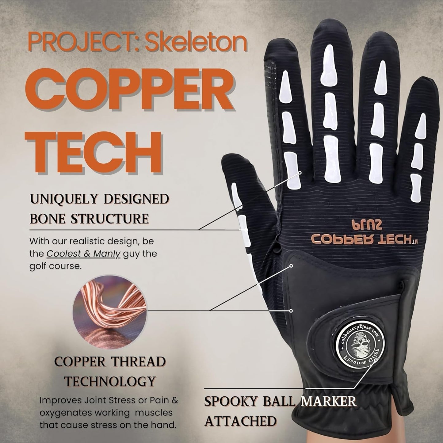 Copper Tech Plus Men's Golf Glove (Phantom Edition) Worn on Left or Right