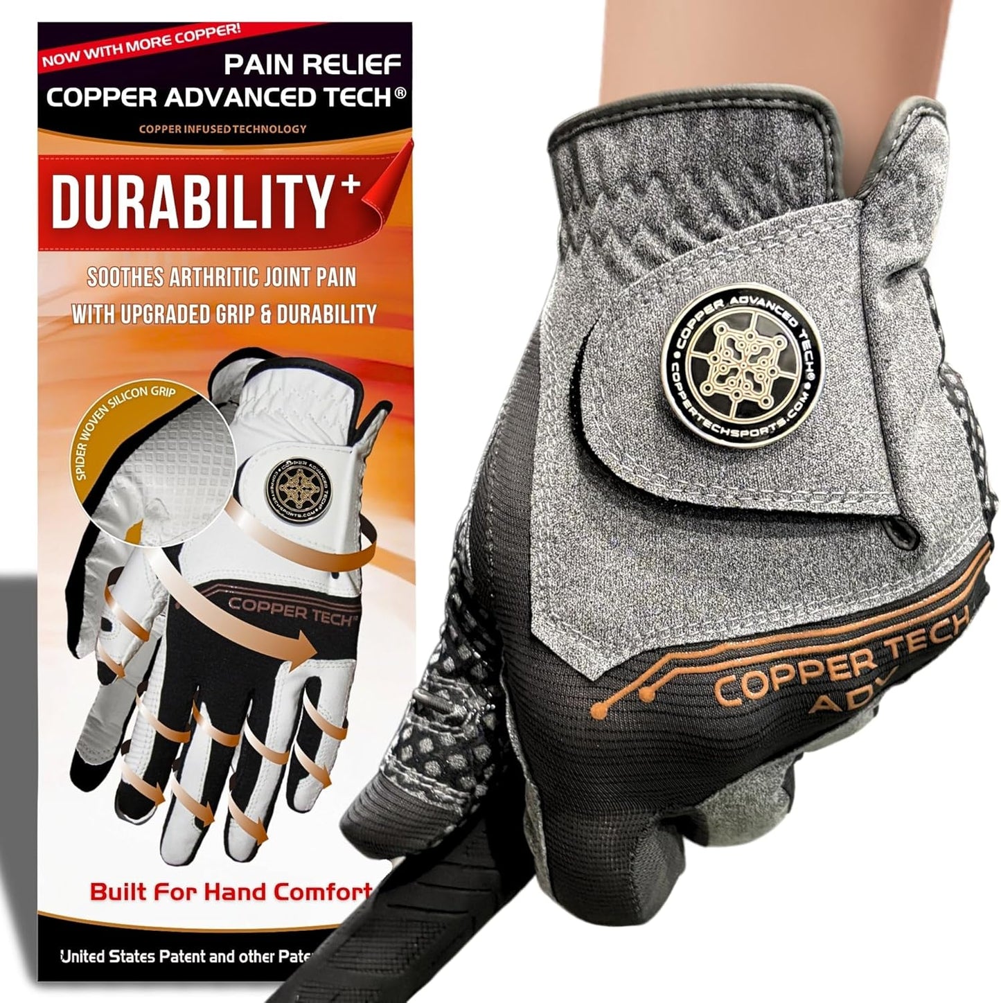 Copper Advanced Tech 2.0 Men's Golf Gloves Worn on Right Hand For Left Handed Golfer