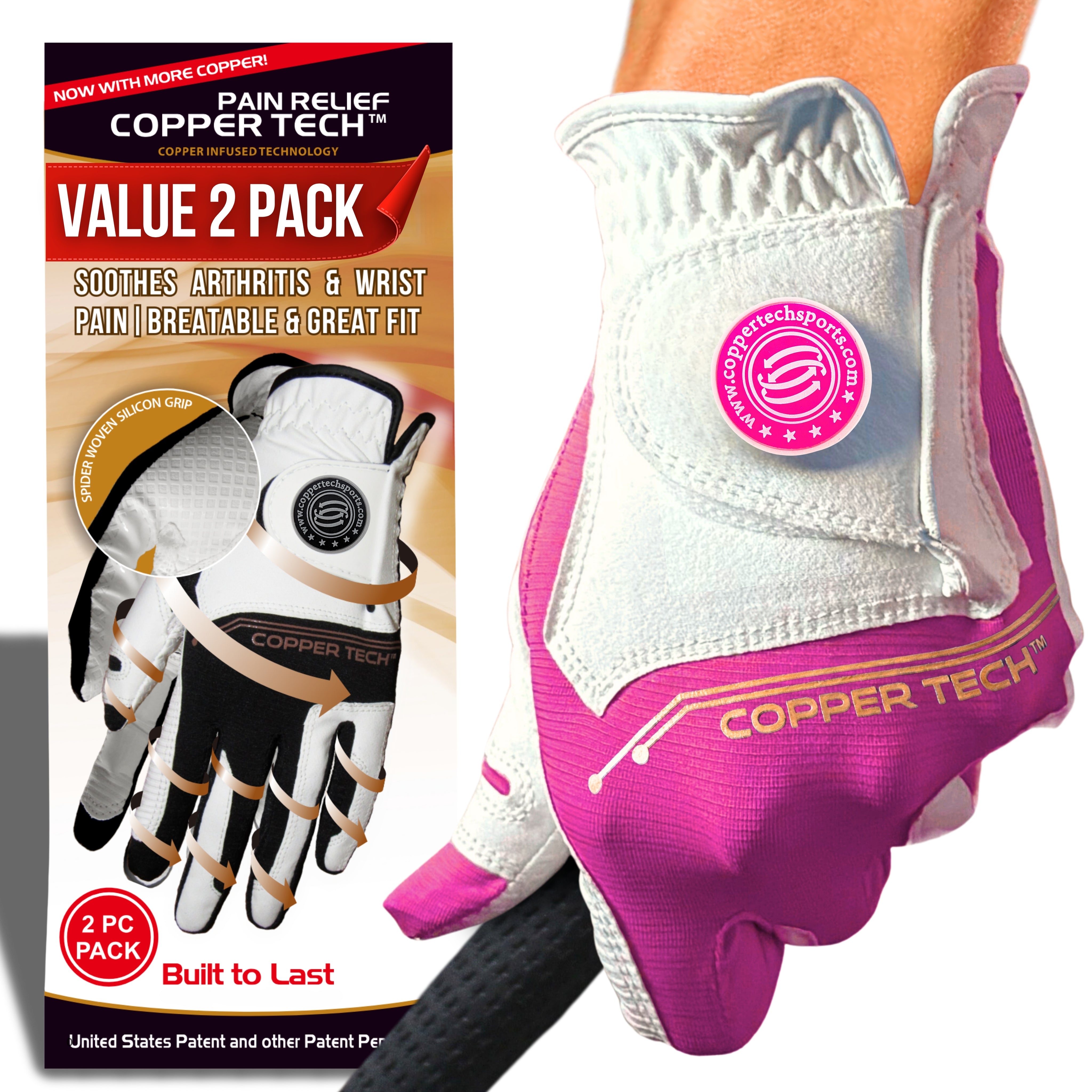 Women's Golf Gloves - 2 Pack (White/Pink) | Copper Tech