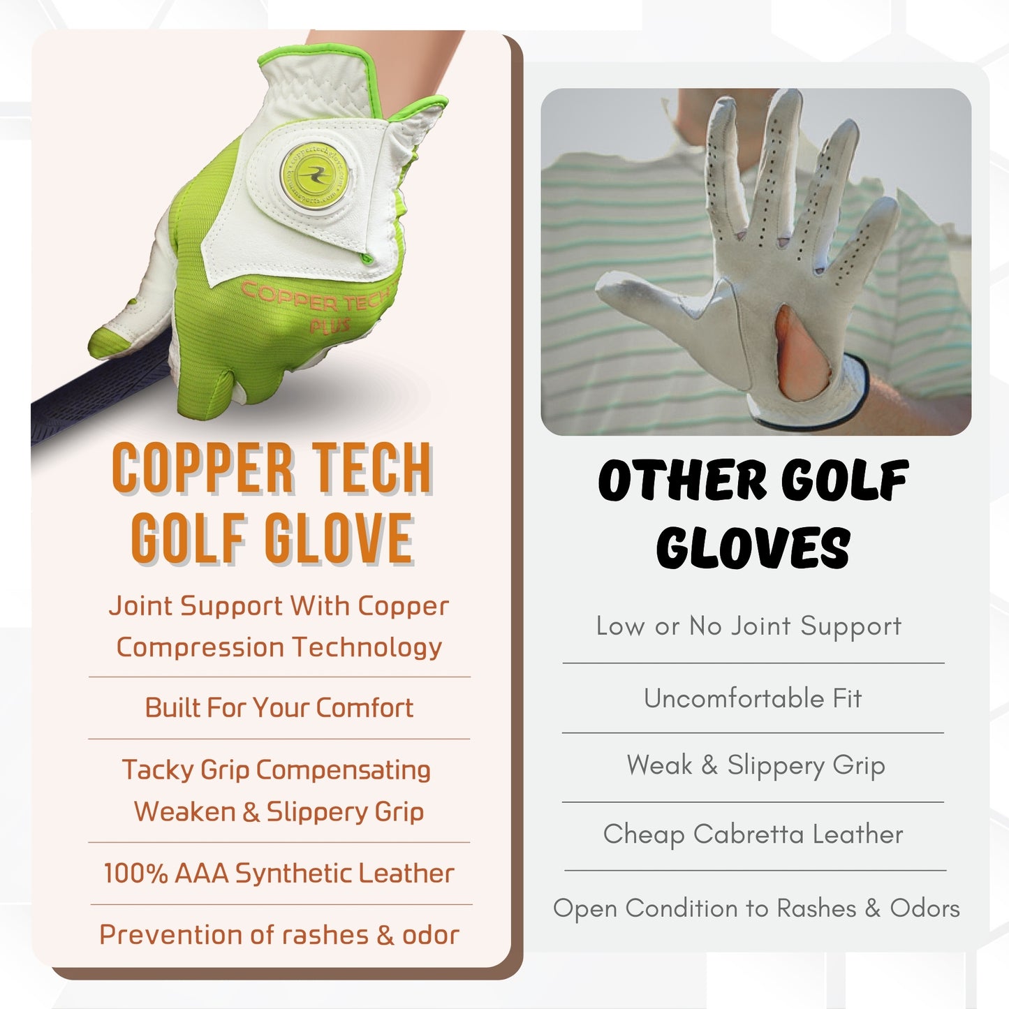 Copper Tech golf glove for women in yellow lime, copper-infused with attached ball marker, available for both left and right handed golfers.