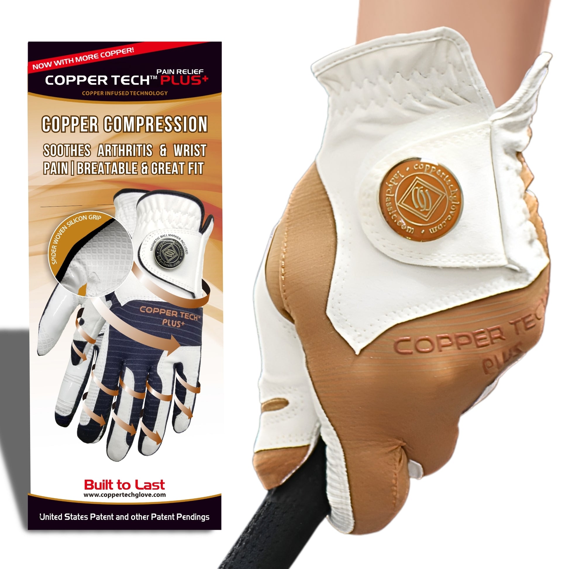 Brown Women’s Copper Tech golf glove, copper-infused for freshness and comfort, available in sizes for either hand to ensure an optimal fit.
