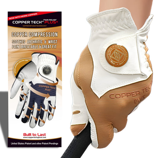 Brown Women’s Copper Tech golf glove, copper-infused for freshness and comfort, available in sizes for either hand to ensure an optimal fit.