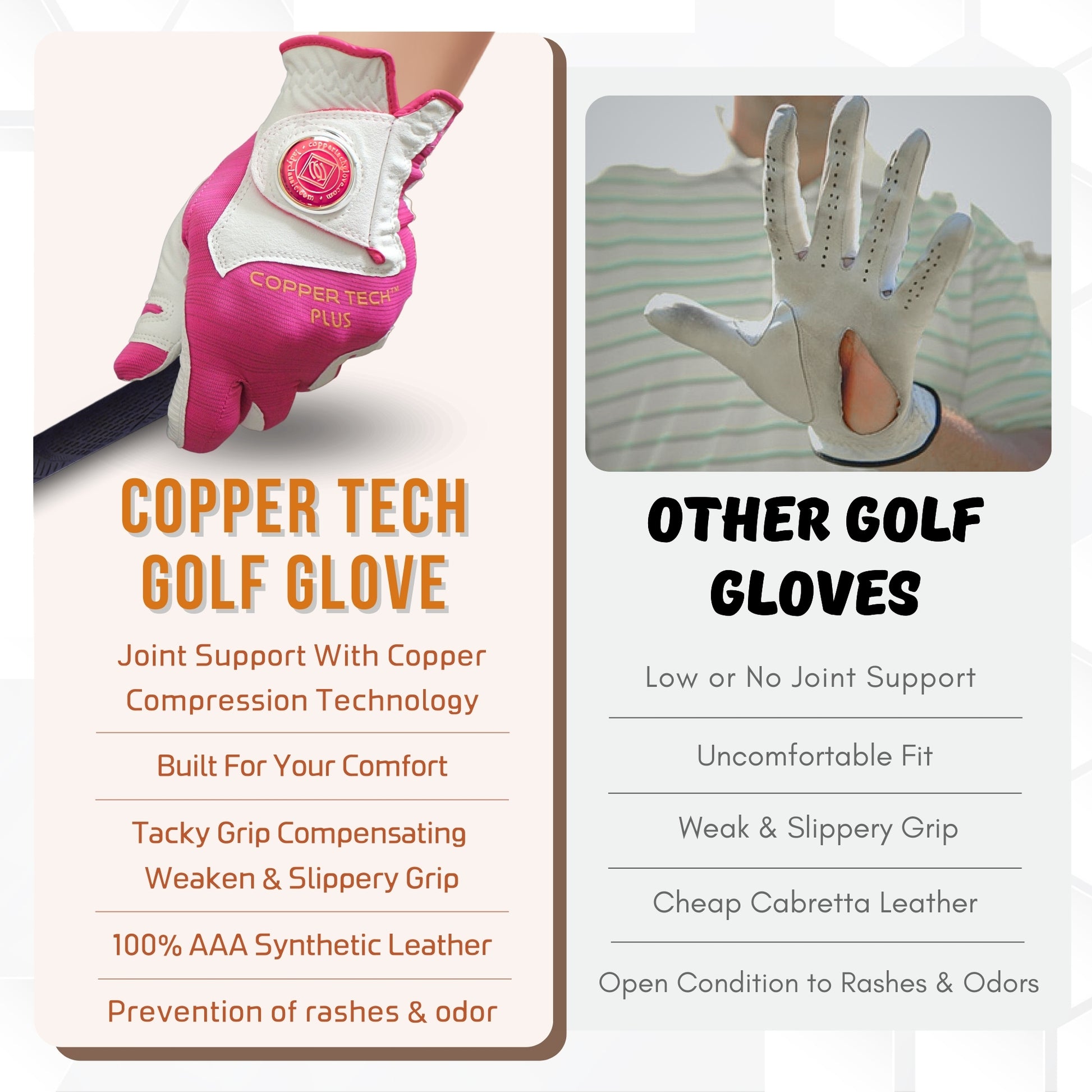 Copper tech plus golf glove for women has a free ball marker attached when purchased. They have synthetic leathers and built for comfort.