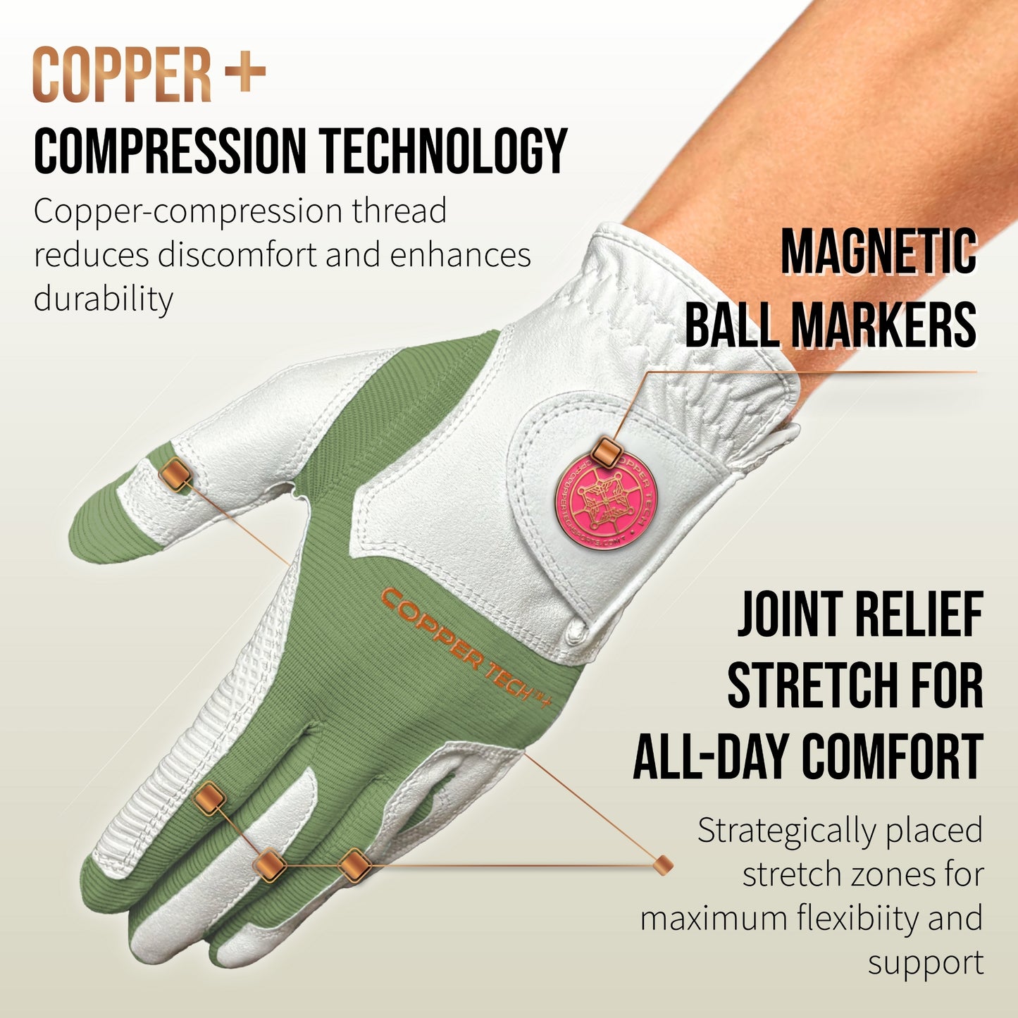 Copper Tech Plus Women's Golf Gloves [Worn on Left Hand]