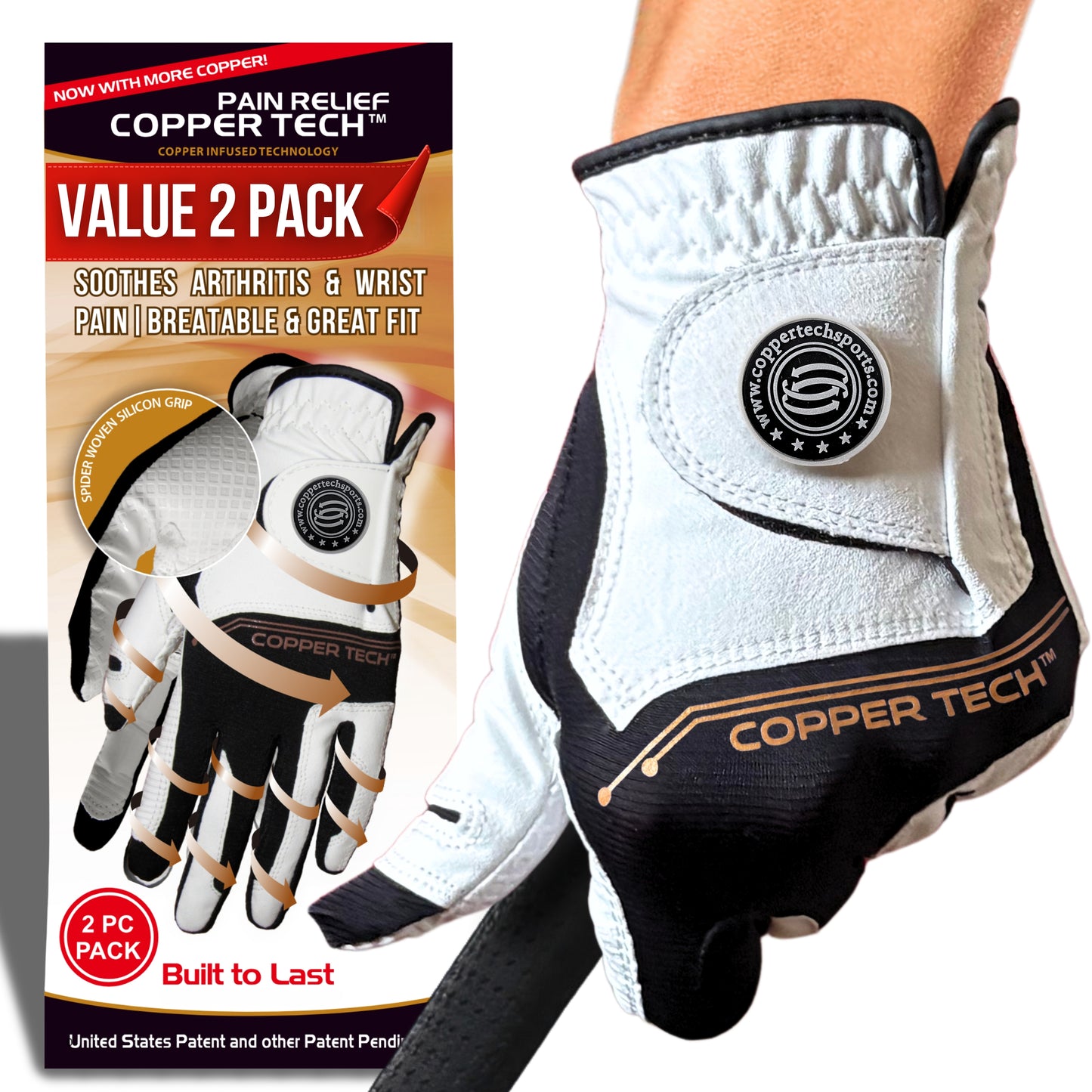 Copper Tech Women's Golf Gloves 2 Pack (White/Black)