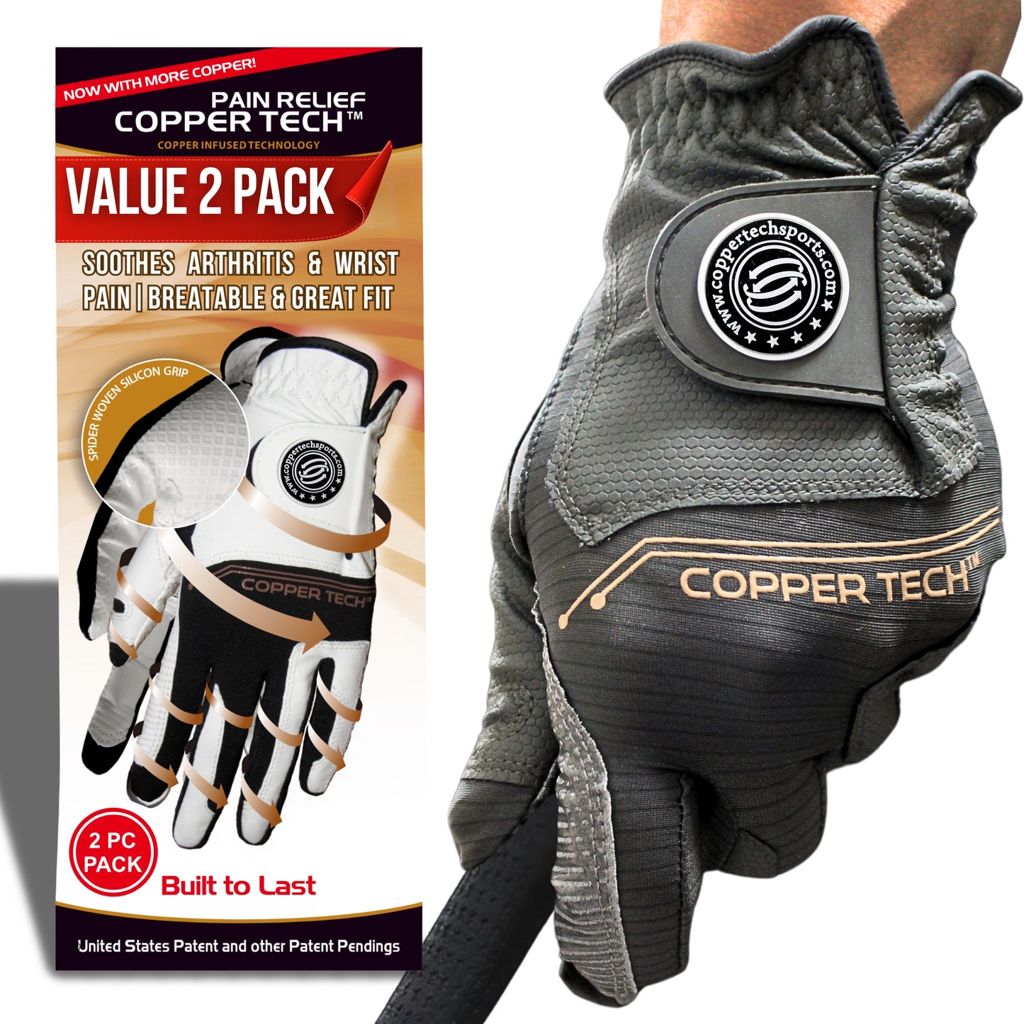 Copper Tech Men's Golf Gloves 2-Pack (Gray/Charcoal)