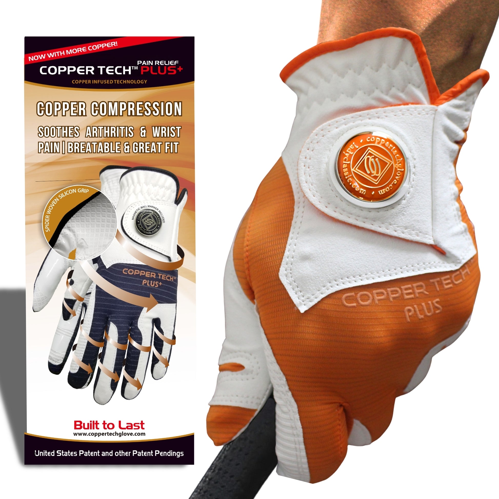 Orange Copper Tech Golf Glove for men with ball marker, cool color, and copper compression