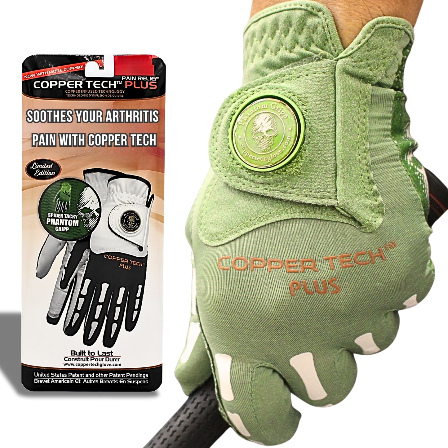 Copper Tech Golf Glove for men with spooky magnetic ball marker, Green and White color, Skeleton Design and copper compression