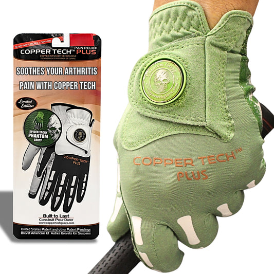 Copper Tech Golf Glove for men with spooky magnetic ball marker, Green and White color, Skeleton Design and copper compression