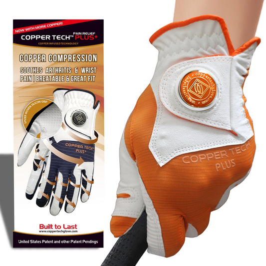 Orange golf glove with Copper Tech's copper-infused fabric, designed to reduce joint pain,  odor, wick moisture, and enhance grip.