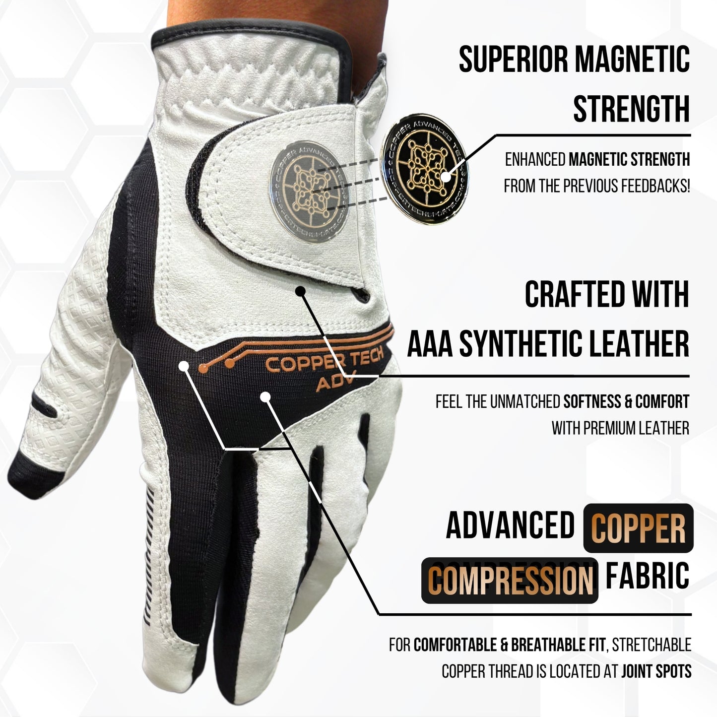 Copper Advanced Tech 2.0 Men's Golf Gloves [Worn on Left Hand]