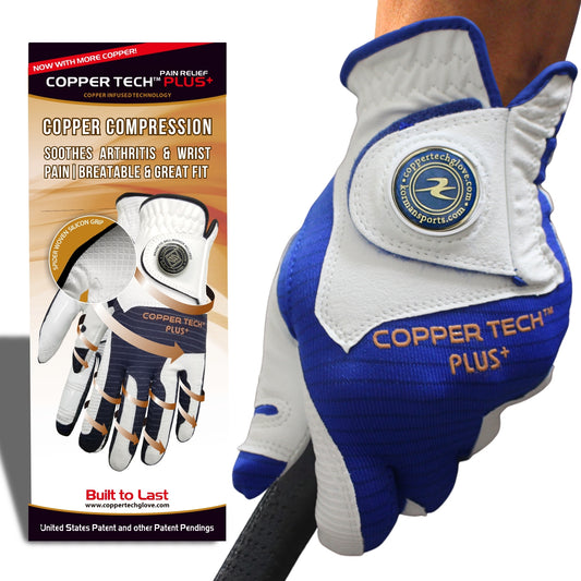 Copper Tech Golf Glove for men with ball marker, blue color, and copper compression