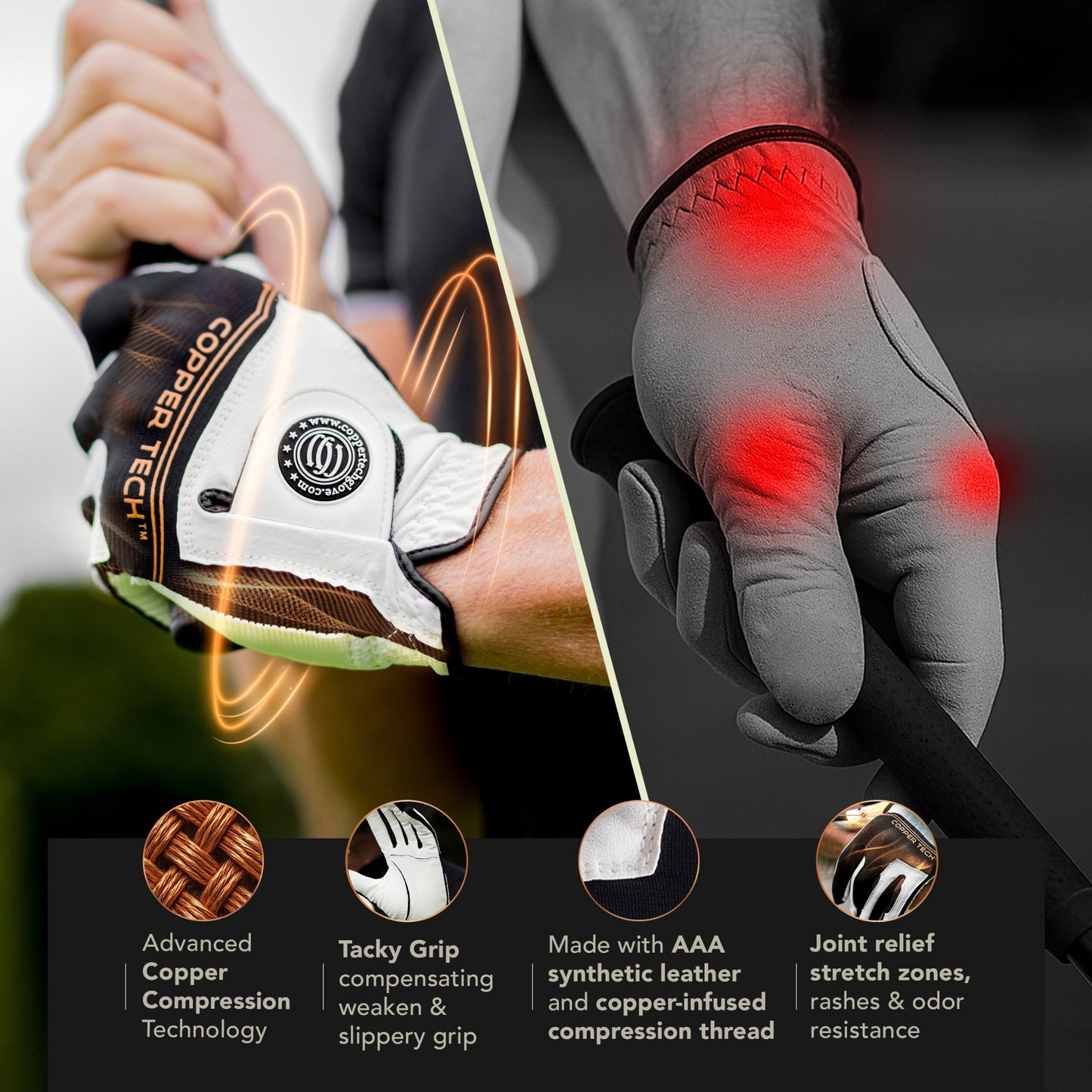 Copper Tech Men's Golf Gloves 2-Pack (White/Black)