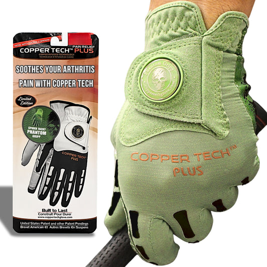 Copper Tech Golf Glove for men with spooky ball marker, Green and black color, Skeleton Design ,and copper compression