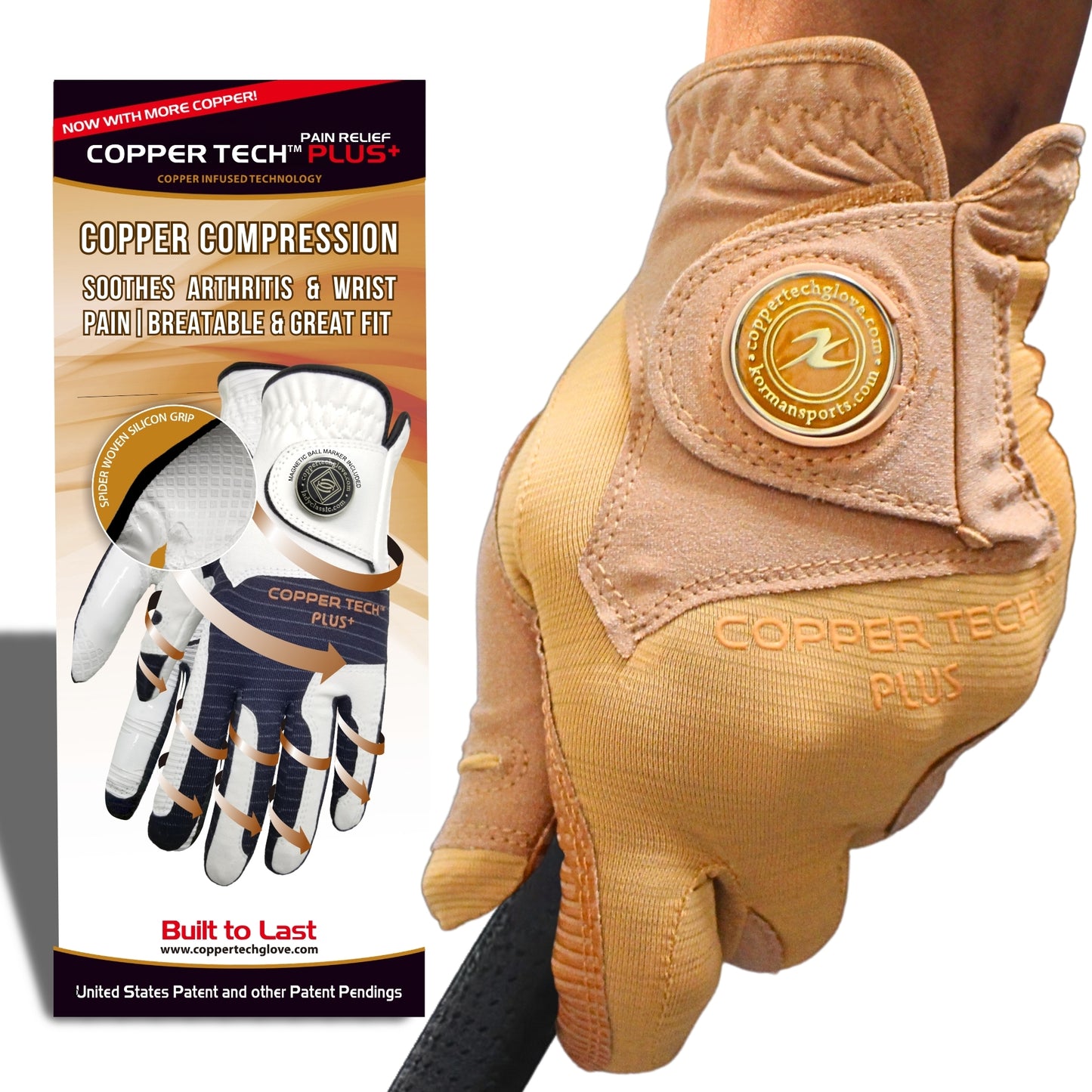Copper Tech Golf Glove for men with ball marker, Brown color, and copper compression