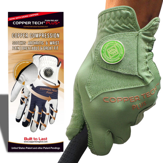 Copper Tech Golf Glove for men with ball marker, Green color, and copper compression