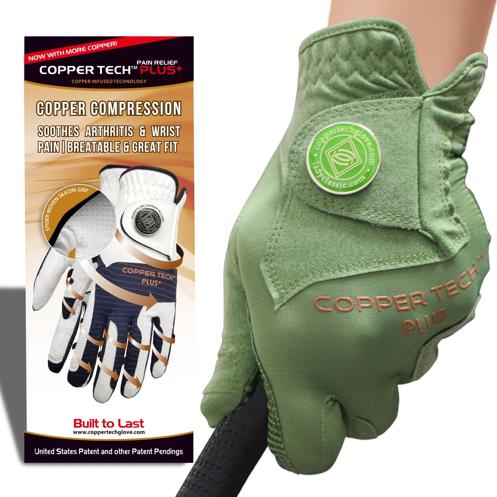 Green Copper tech plus golf glove for women golfers, supporting joint discomfort while maintaining the maximum comfort. Various Size available: small, medium, and large golf gloves