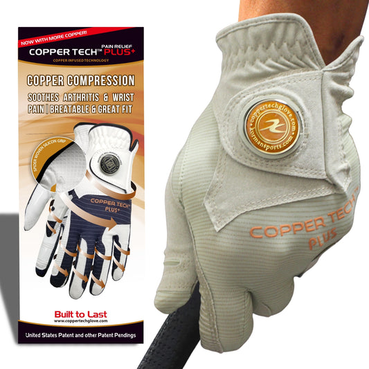 Copper Tech Golf Glove for men with ball marker, khaki color, and copper compression