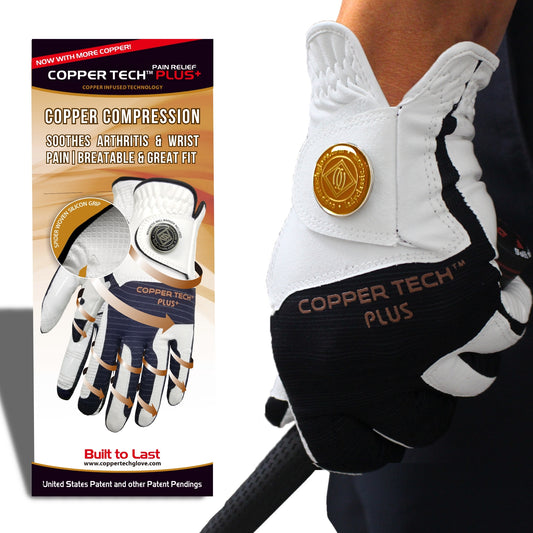Copper Tech Golf Glove for men with ball marker, Black and White color, and copper compression