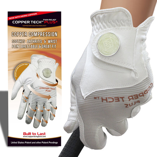 Copper Tech Golf Glove for men with ball marker, white color, and copper compression