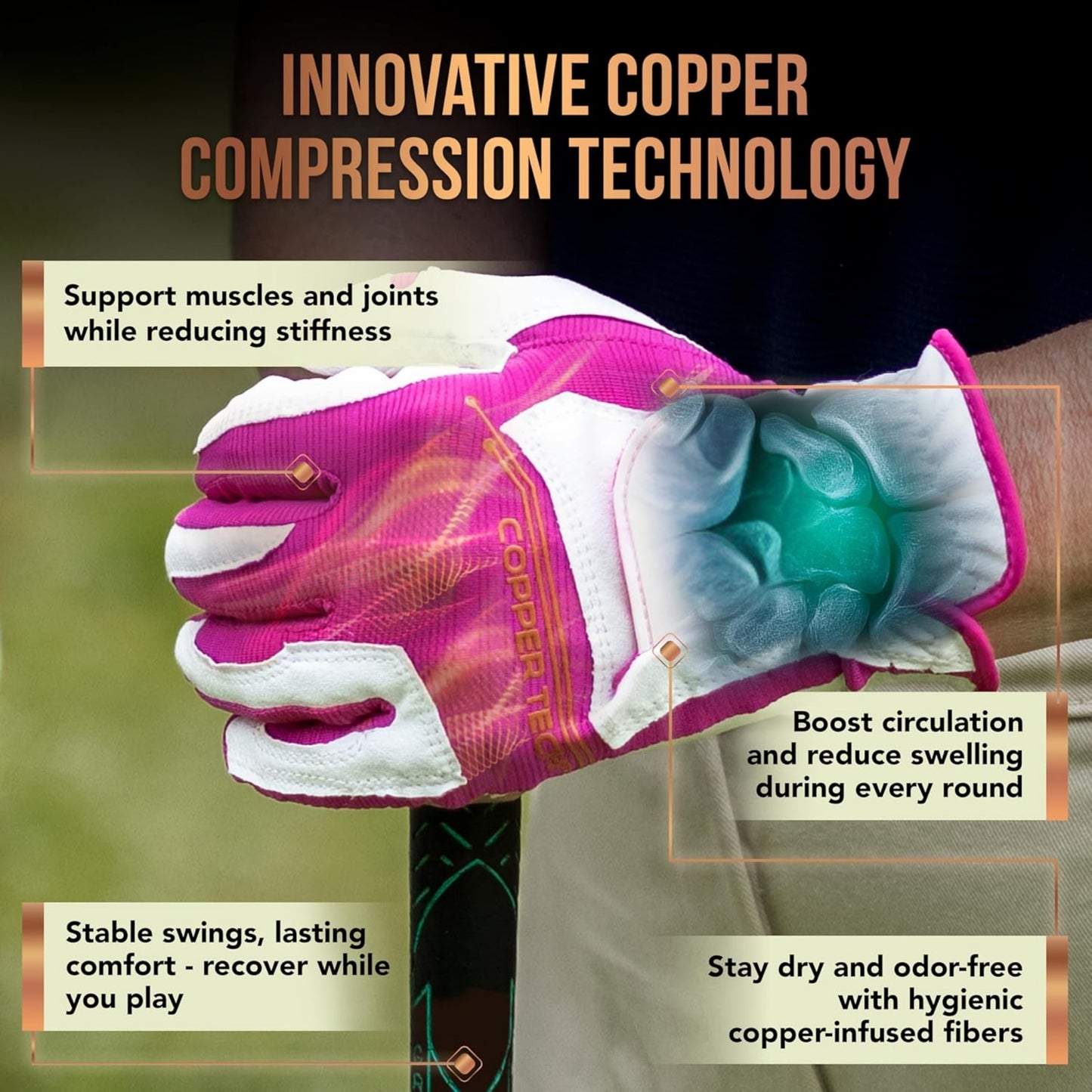 Copper Tech Women Golf Gloves 2 Pack (White/Pink)