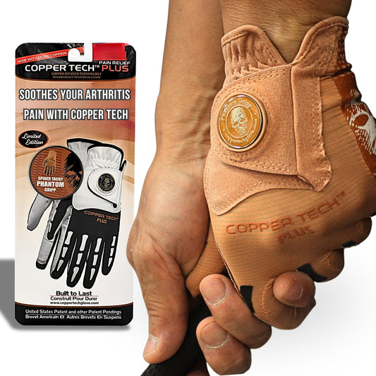 Copper Tech Golf Glove for men with ball marker, Skeleton style with brown and black color, and copper compression