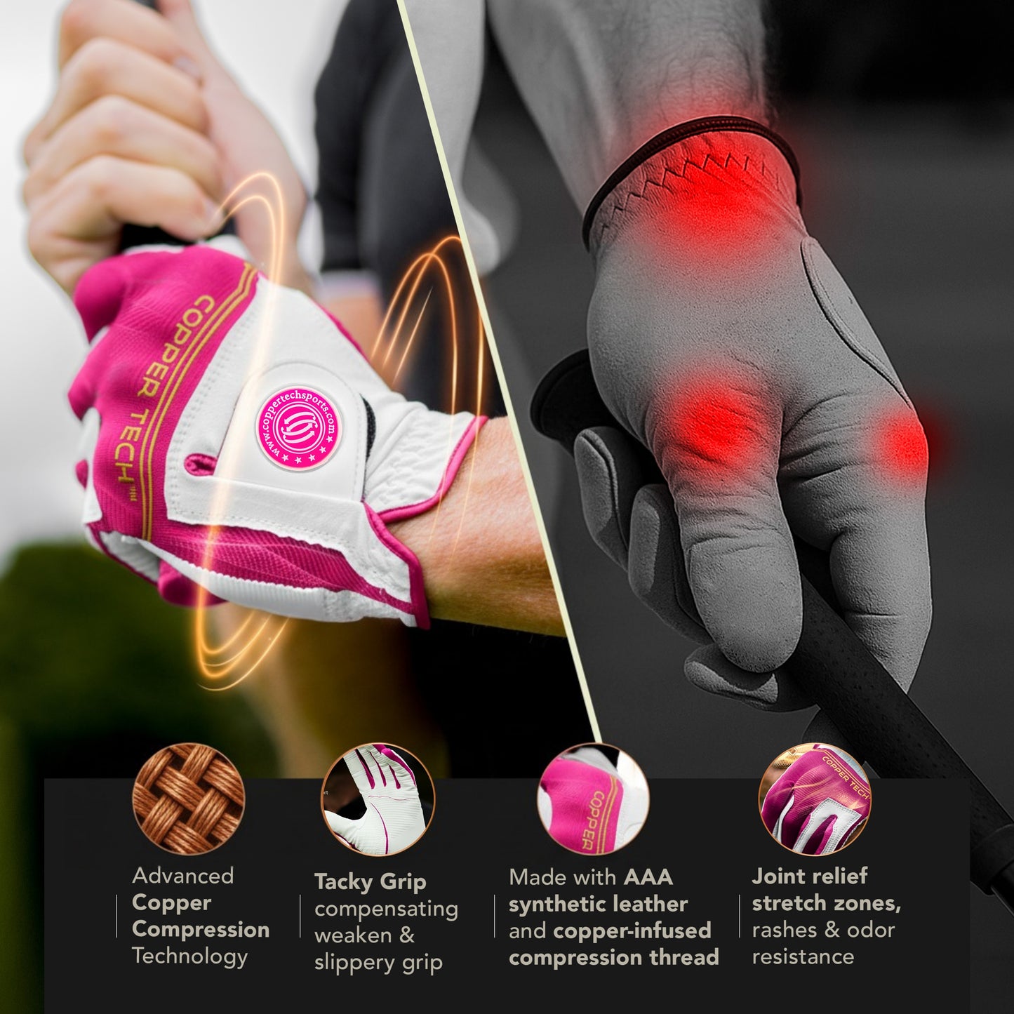 Copper Tech Women Golf Gloves 2 Pack (White/Pink)