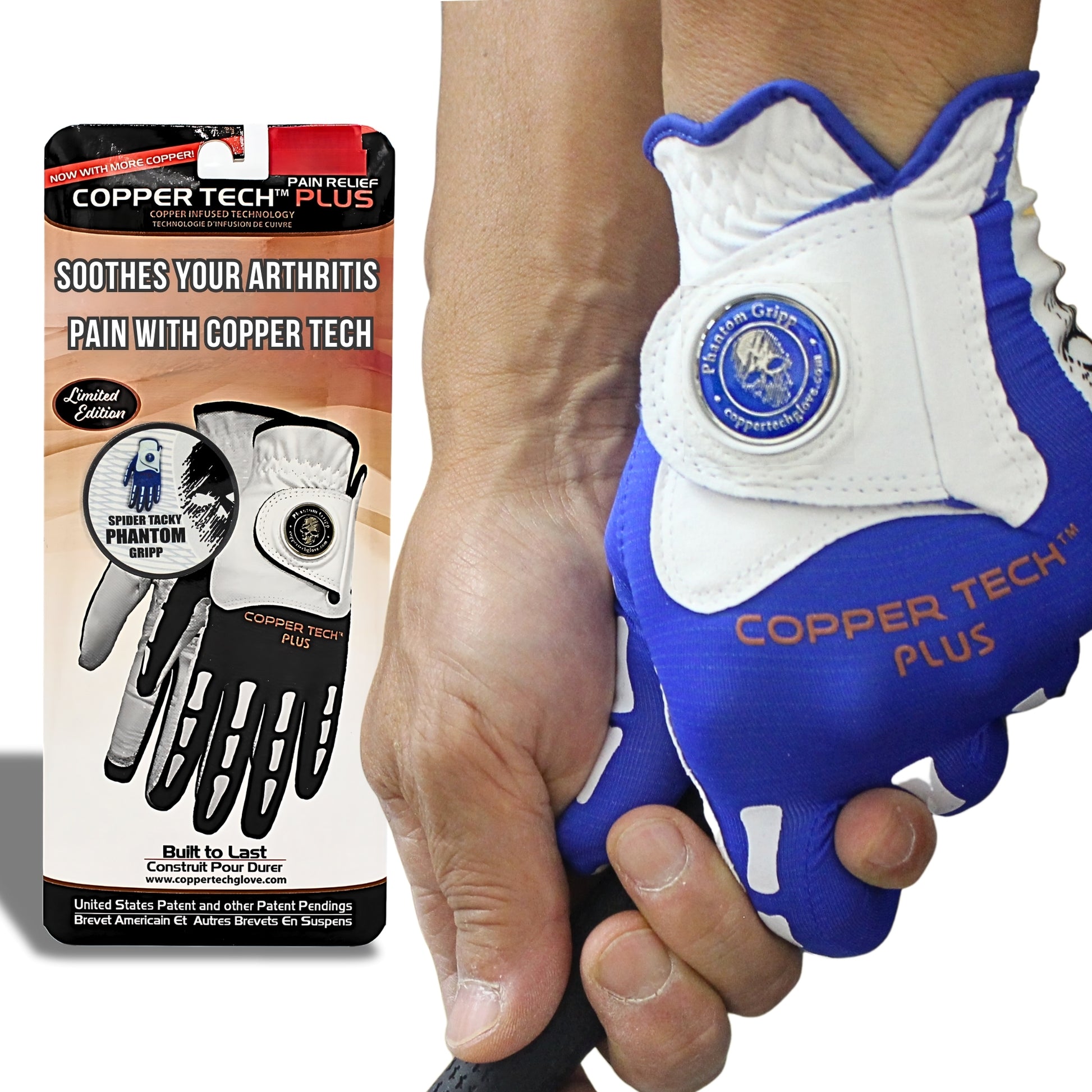Copper Tech Golf Glove for men with ball marker, Skeleton Blue color, and copper compression