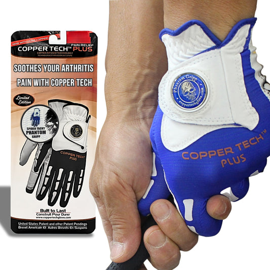 Copper Tech Golf Glove for men with ball marker, Skeleton Blue color, and copper compression
