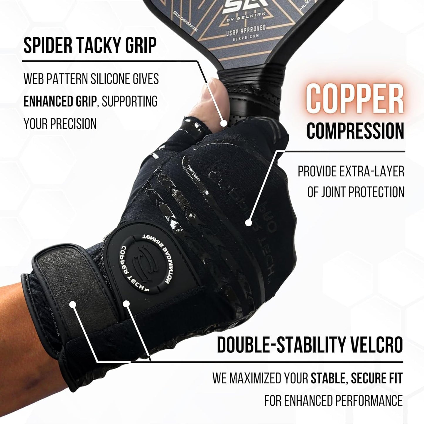 Copper Tech Pro Pickleball Gloves for Men & Women | Advanced Joint Support with Copper Compression | Built with AAA Synthetic Leather Tennis, Badminton, & Racquetball Glove