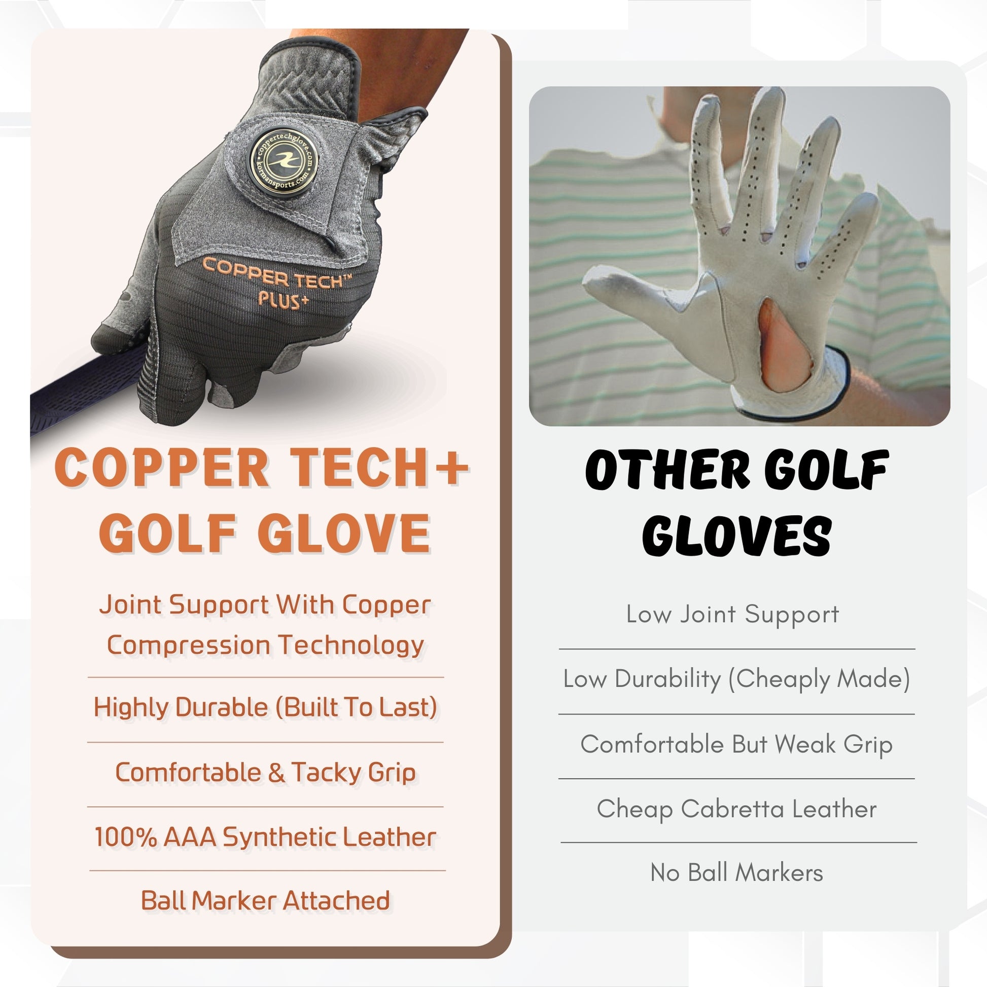 Gray Men’s Copper Tech Plus golf glove right handed golfers for left hand 	 