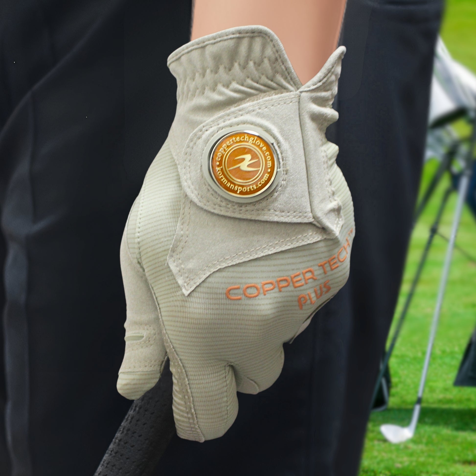 Breathable copper tech plus golf glove for women golfers, with built-in joint pain relief and ergonomic comfort, offered in sizes Small, medium, large, and X-large through XX-Large for left and right hand golf glove.