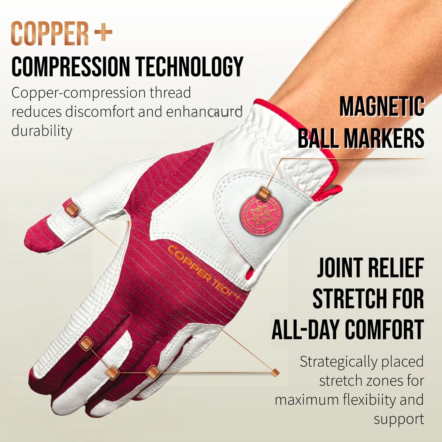 Copper Tech Plus Women's Golf Gloves [Worn on Left Hand]